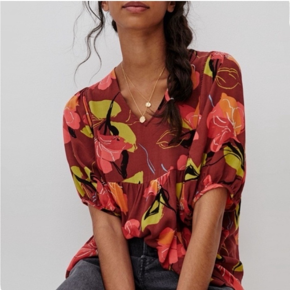 Maeve Anthropologie Beth Dolman Multi Floral Tunic Blouse Bloomcore